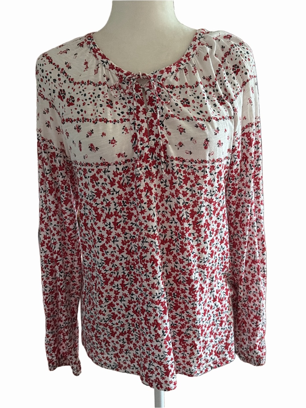 Lucky Brand White Tunic with Red Floral Print and Tie Neck